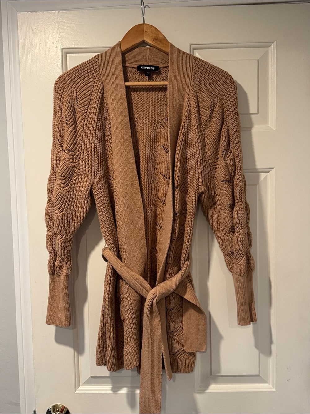 Express Ribbed Cable-Knit Belted Cardigan - Tan